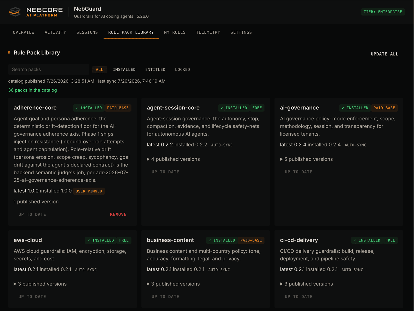 NebGuard dashboard Rule Pack Library tab, a searchable catalog of rule packs such as agent-session-core, ai-governance, and aws-cloud, each card showing its installed version, its free or paid tier, and whether it is up to date.