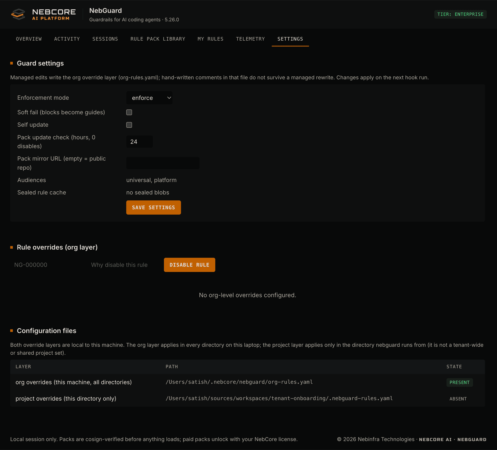 NebGuard dashboard Settings tab, showing guard settings for enforcement mode, soft-fail and self-update toggles, and the pack update interval, above a form to disable individual rules at the org override layer.